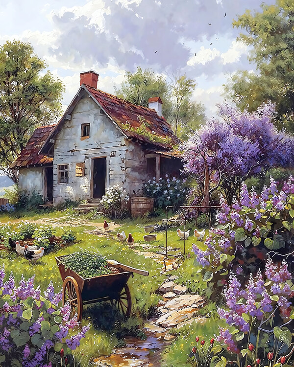 Poster Old-fashioned Farmstead Surrounded by Pink Blossoms