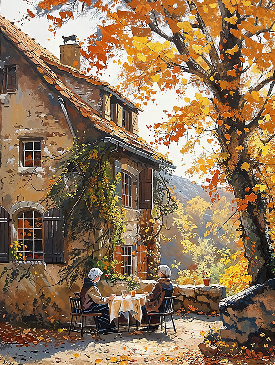Плакат People in Front of a Historic Italian House Surrounded by Na