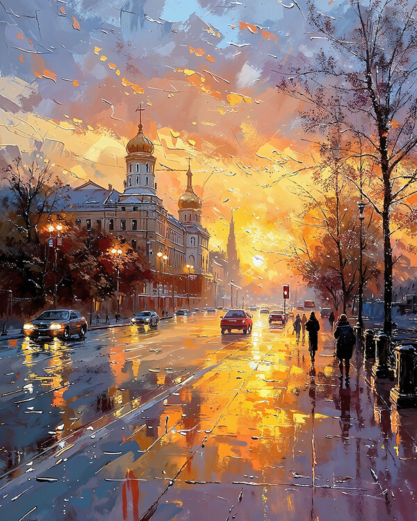 Αφίσα People Walking on the Street at Sunrise in the Rain