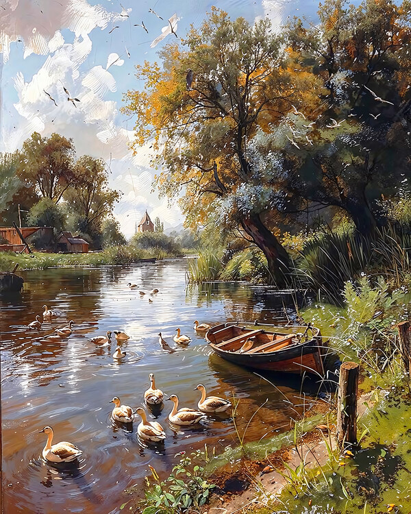 Αφίσα Serene Lake with Bird Species and a Wooden Boat, wall decor