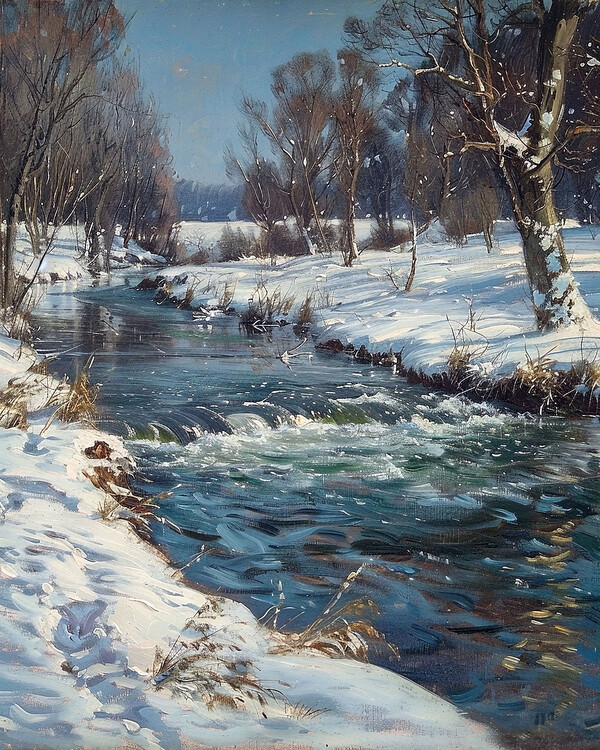 Αφίσα Snow-Covered Winter Scene with a Babbling Brook, wall decor