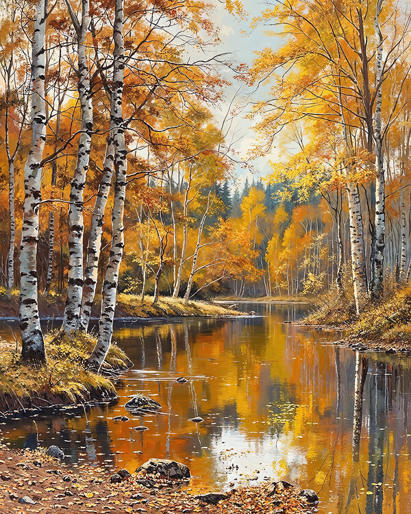 Αφίσα Scenic View Featuring Birch Trees and Clear Waters