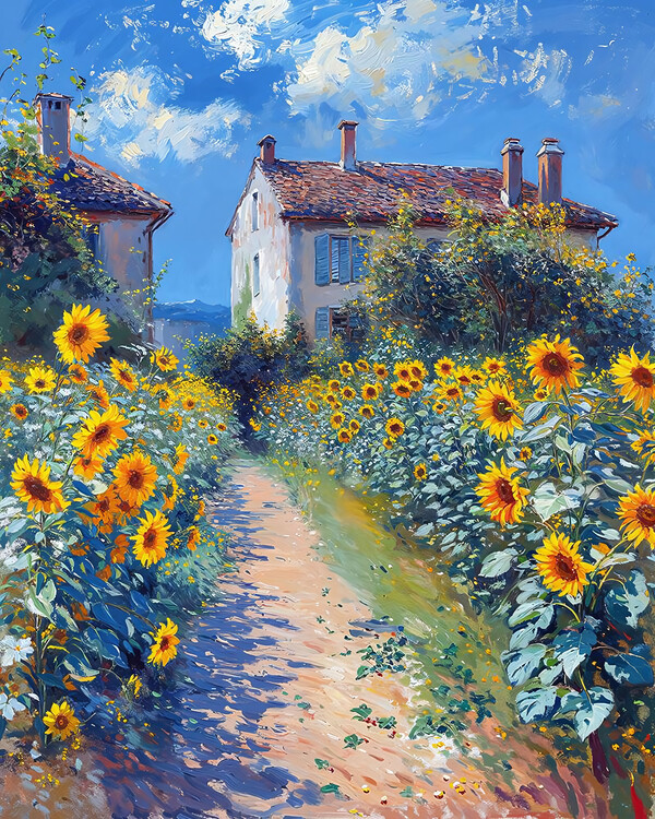Poster Sunflower Field Adjacent to a Traditional Village Canvas