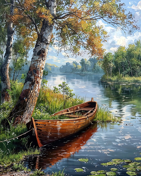 Quadro em tela Une felouque dans un lac calme bordé d'arbres