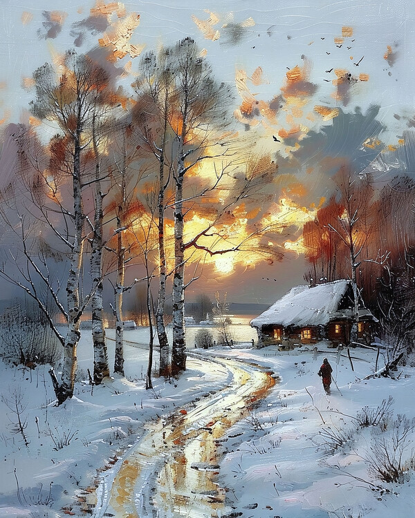 Αφίσα Sunset in a Wilderness Setting with a Snowy Wooden Cabin