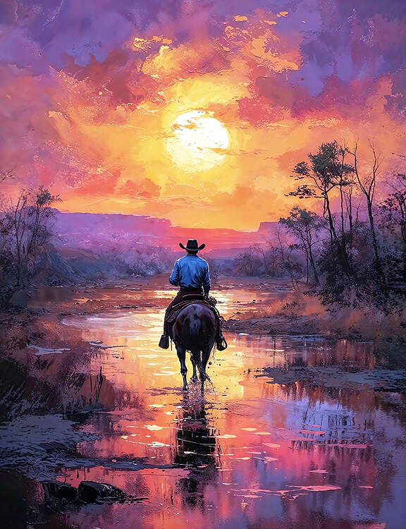 Плакат western knight in a red sunset landscape, canvas wall decor