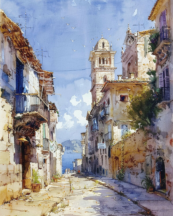 Αφίσα Watercolor Illustration of White Coastal Houses, wall decor