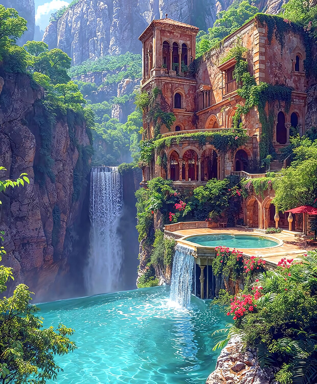 Αφίσα Waterfalls in an Imaginary City, the Mythical Civilization o