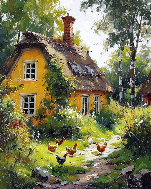 Αφίσα Wooden Cottage in the Countryside Surrounded by Blossoming O