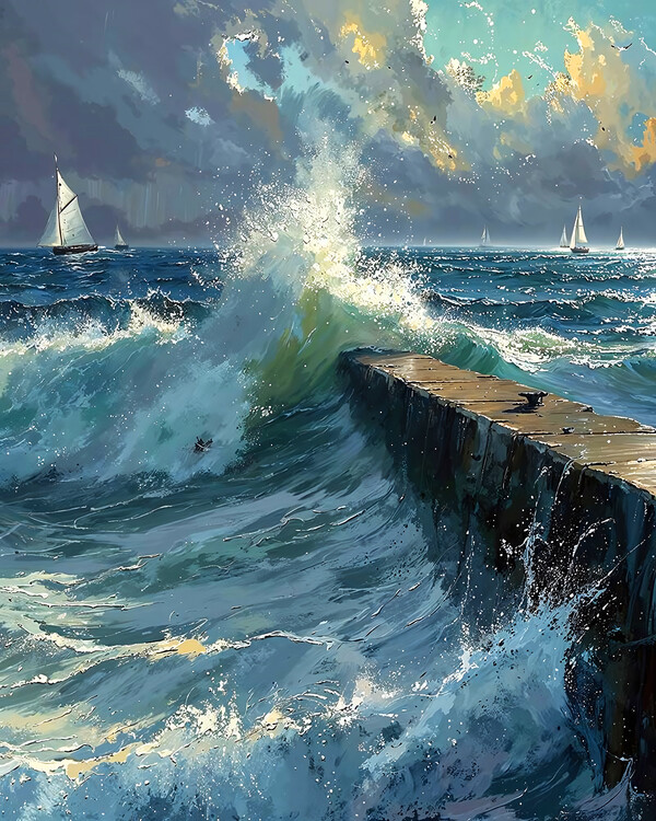 Poster Rough Waves with Boats on the Horizon, canvas wall decor