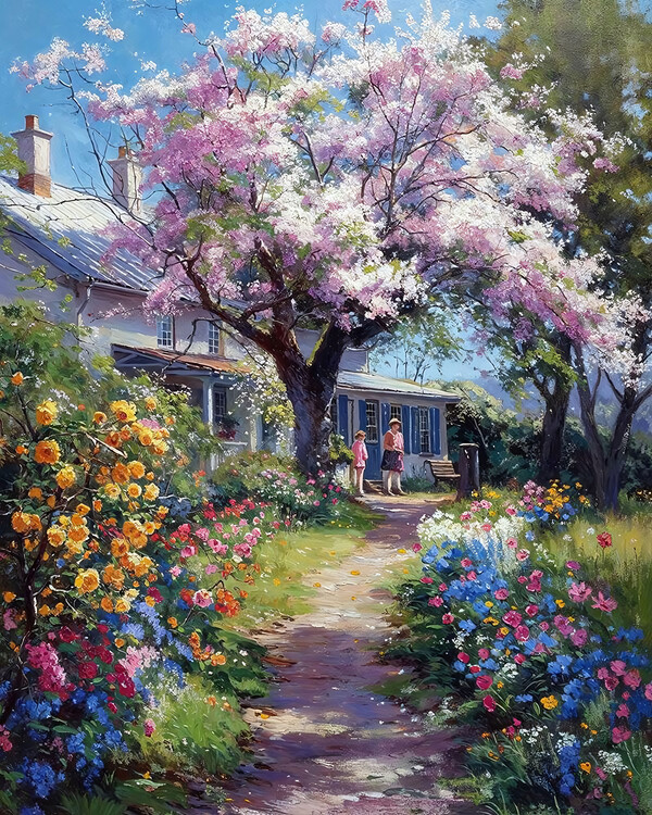 Αφίσα _a garden of a house in the countryside, Cherry blossom