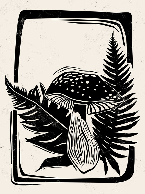 Poster Mushroom Linocut Style