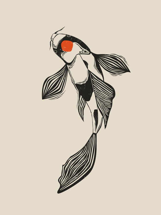 Poster Koi Fish Linocut Style