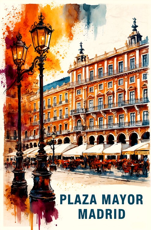 Poster Discover Plaza Mayor, Madrid: Vintage Illustration