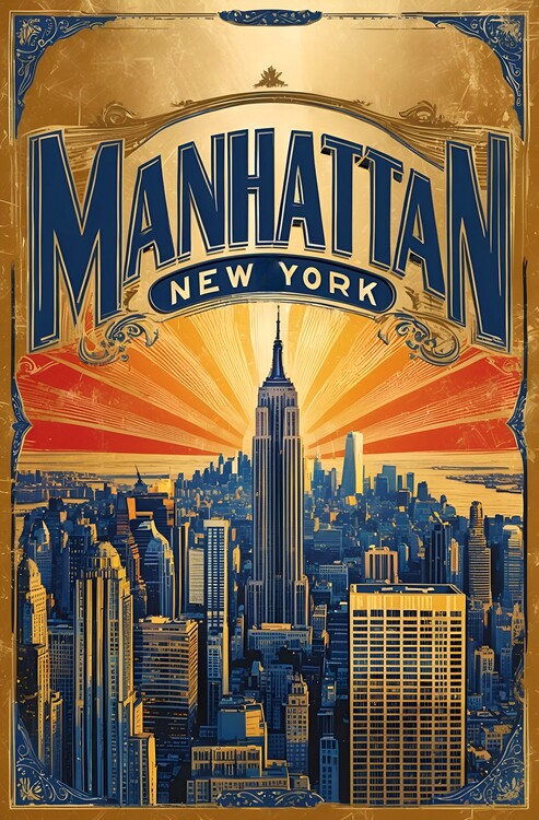 Poster Vintage Manhattan Illustration – Classic Art of NYC Skyline
