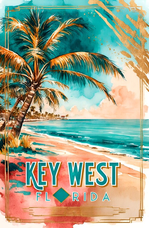 Poster Vintage Key West Illustration – Classic Art of Tropical Para