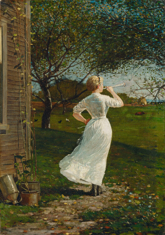 Levně Plakát, Obraz - Blowing the Horn at Seaside (1870), Winslow Homer, 26.7 × 40 cm