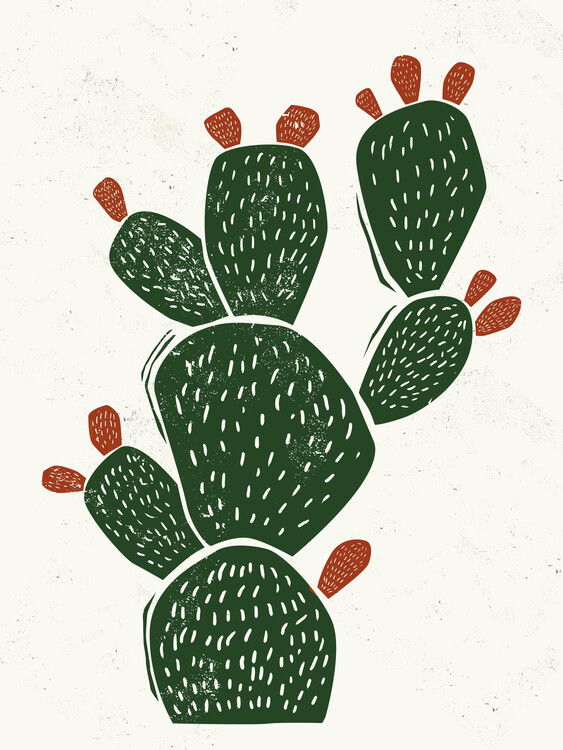 Poster Green Cactus Linocut Style