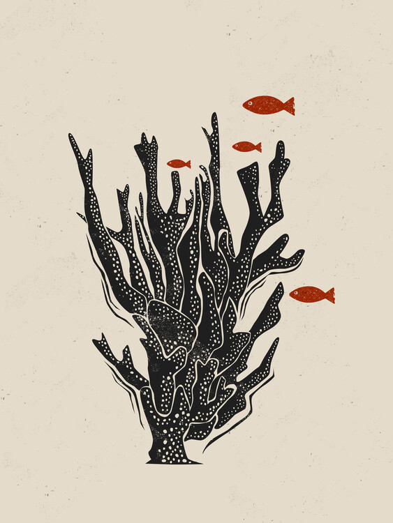 Poster Coral & Fishes Linocut Style