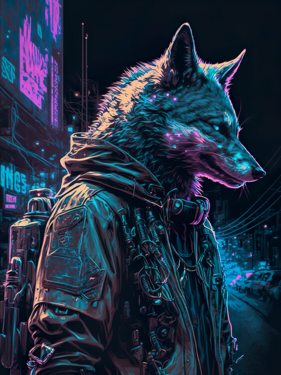 Poster Human Wolf Cyberpunk Style