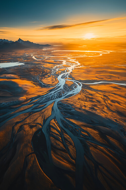 Poster Amazing Worlds Greenland River Estuary Sunset Drone
