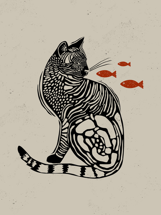 Poster Cat & Fish Linocut Style