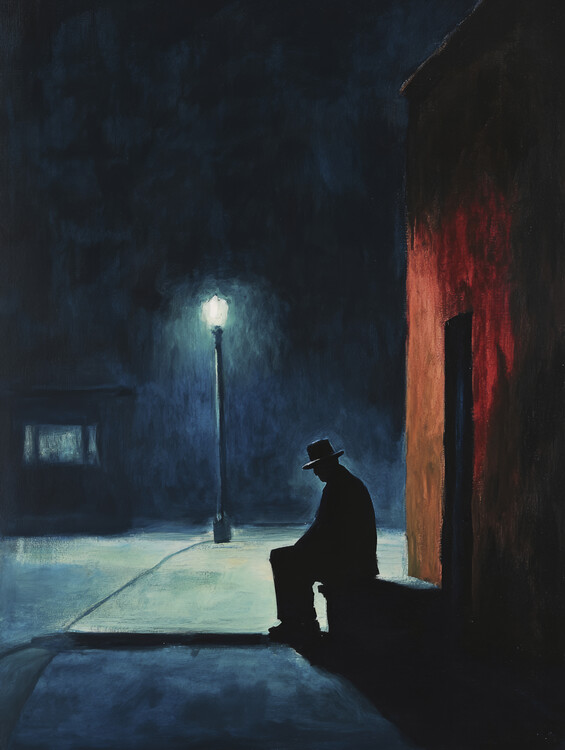 Плакат Solitude Under the Streetlight in the style of Edward Hopper