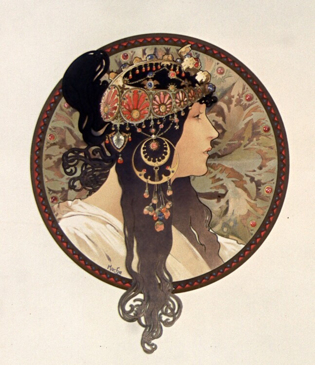 Levně Plakát, Obraz - Byzantine head of a brunette; Tete byzantine d'une brunette, Alfons Mucha, 34.5 × 40 cm