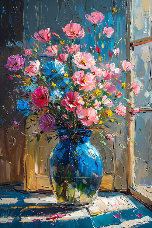 Poster Bunch of Messy pink & blue flowers, oil painting wall decor
