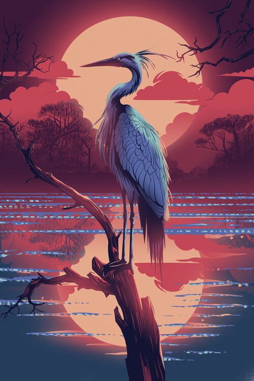 Poster Heron on sunset