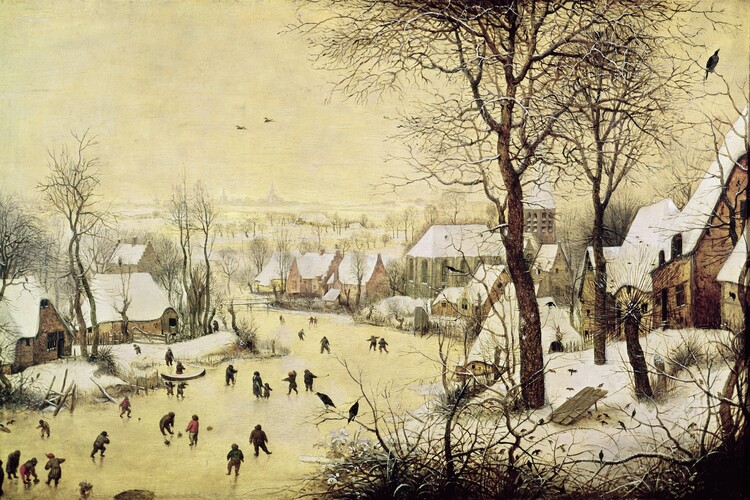 Poster Winter Landscape with Skaters and a Bird Trap