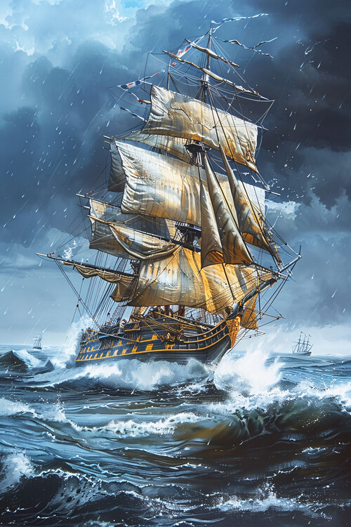Poster An oil painting of a frigate with full sails amidst the wave