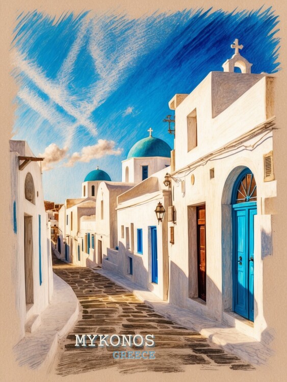 Plakát Timeless Mykonos: Vintage-Inspired Drawing of Greek Island