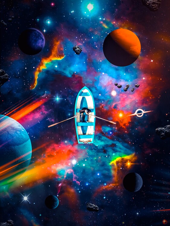Plagát Surreal sail on an ocean of galaxies