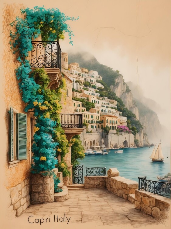 Plakát Classic Capri Island in Vintage-Inspired Illustration Art