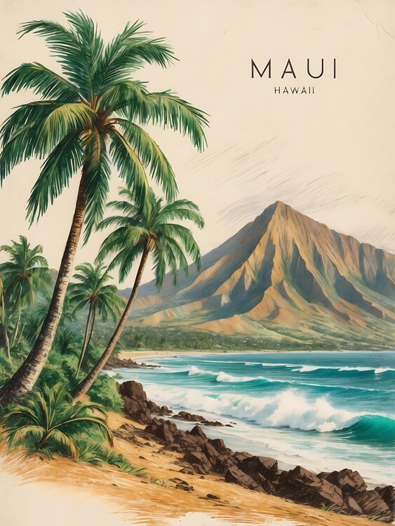 Plakát Maui’s Tropical Paradise Captured in Vintage Art Illustratio