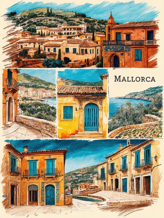Plakát Charming Vintage Illustration of Mallorca’s Scenic Coastline