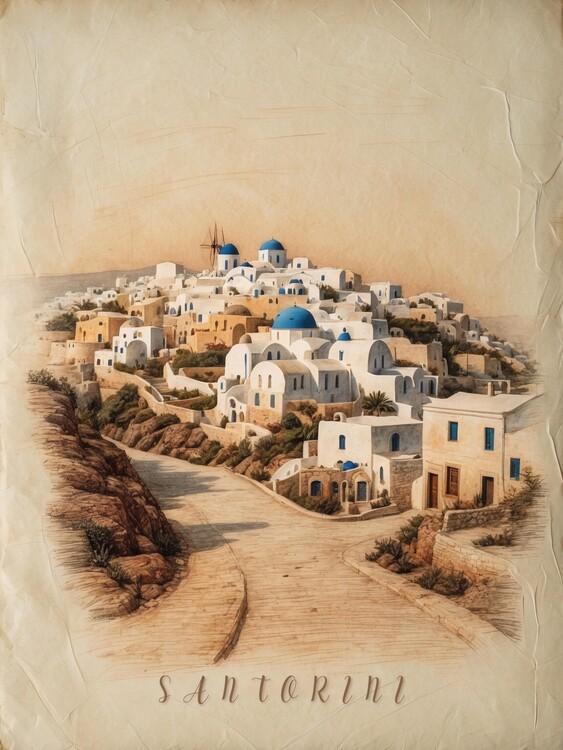 Plakát Santorini’s Iconic Aegean Beauty in Vintage Illustration