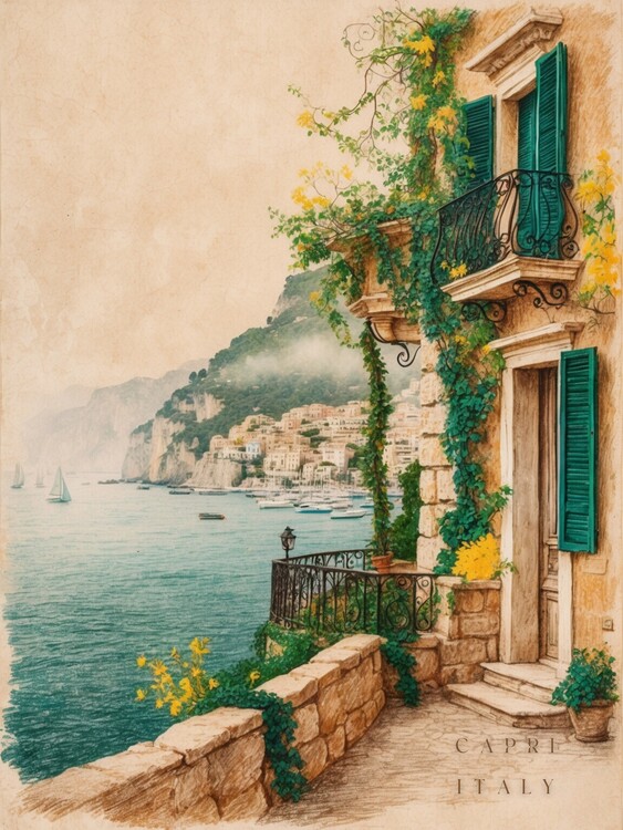 Plakát Vintage Art of Capri’s Picturesque Mediterranean Views