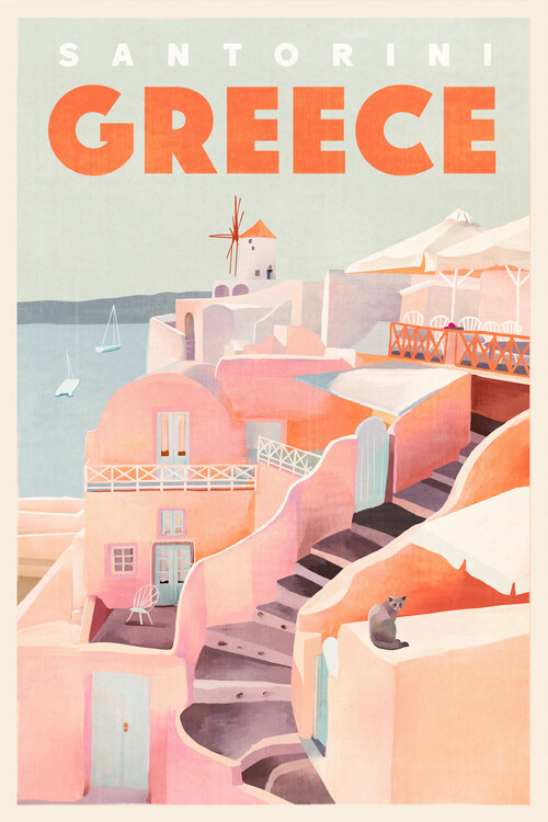 Levně Plakát, Obraz - Travel Poster Santorini Jewel, The Whiskey Ginger, 26.7 × 40 cm