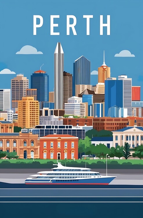 Плакат Vintage Perth Australia Illustration for Classic City Decor