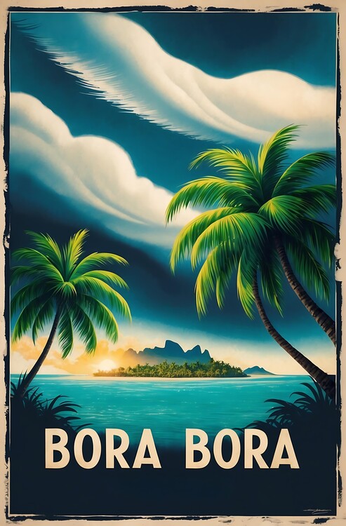 Плакат Vintage Bora Bora Art Print for Tropical Island Decor