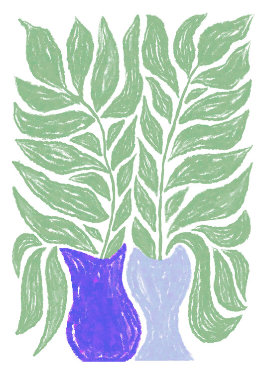 Poster Green Leaves Blue Vases