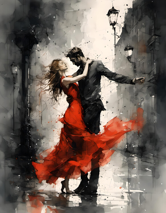 Canvas Print dancing couple on a rainy street
