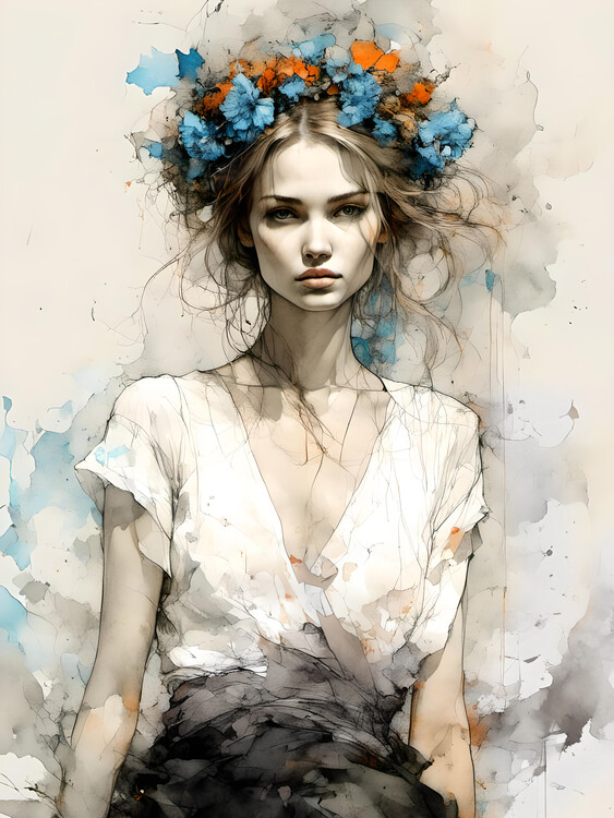 Poster young woman with flowers in her hair