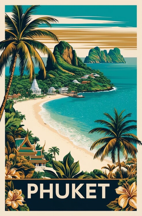 Плакат Vintage Phuket Art Print for Thai Island Decor