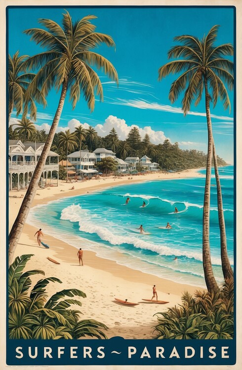Плакат Surfers Paradise Australia Vintage Illustration