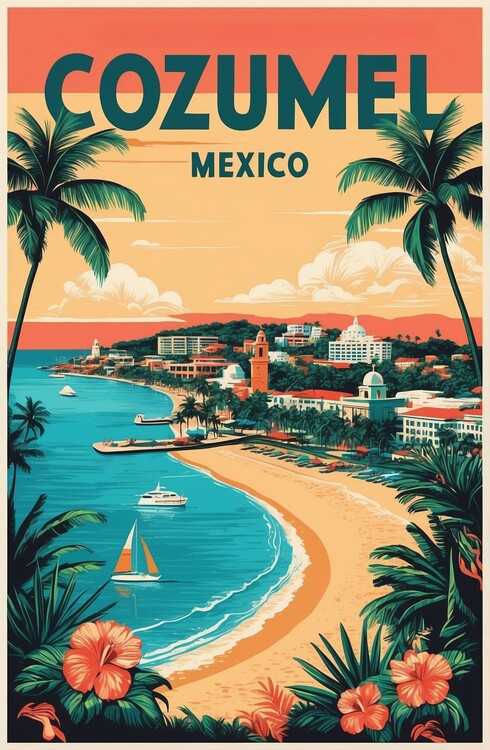 Плакат Retro Cozumel Illustration of Island Beauty