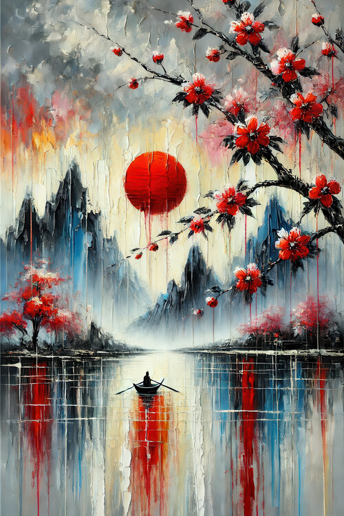 Poster Serenity of the Red Sun with a Lone Boat