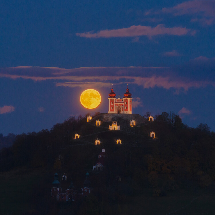 Poster Rising Moon over calvary in Banska Stiavnica